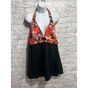 Lane Bryant One Piece Swimsuit Dress Halter O Ring Floral Black‎ Size 36D